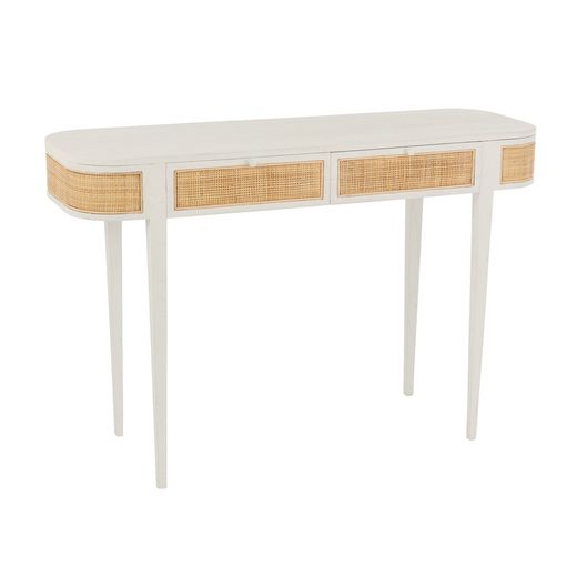 Table Console Ronde en Bois et Rotin Molly Blanc/Naturel, 120x40x80 cm
