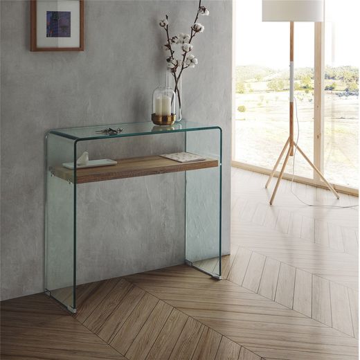 Consola de cristal con estante de madera,  80x30x76 cm | Sidney