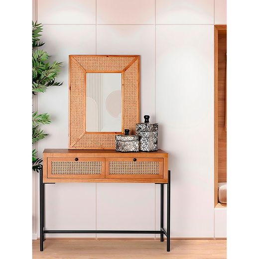 Console Zetel en fer, rotin et bois DM naturel/noir, 105 x 35 x 80 cm