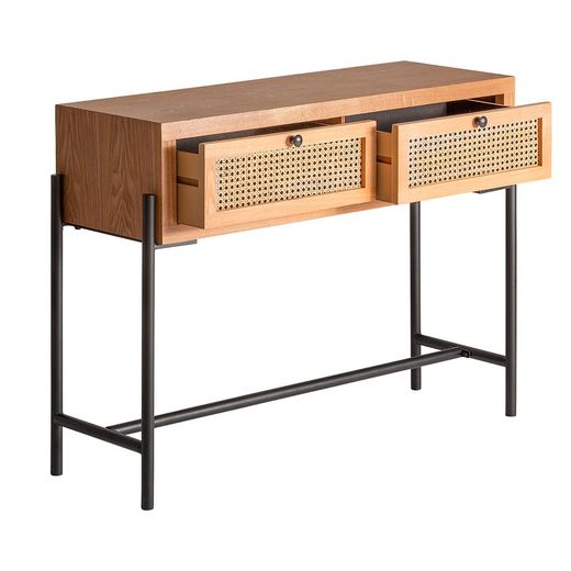 Console Zetel en fer, rotin et bois DM naturel/noir, 105 x 35 x 80 cm