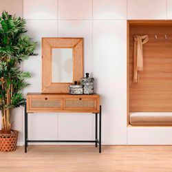 Console Zetel en fer, rotin et bois DM naturel/noir, 105 x 35 x 80 cm