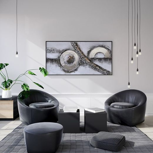 Tableau décoratif 3D Courbes à l'huile Gris/Argent, 120x3,5x60 cm | Résumé