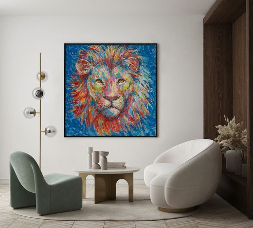 Kleurrijk olieverfschilderij leeuw, 100x3,5x100 cm | Dieren