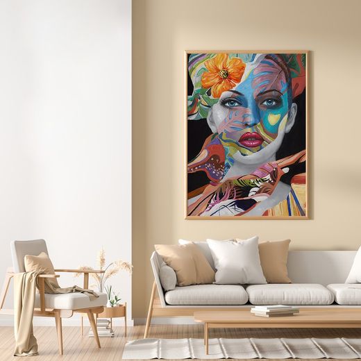 Peinture d'une femme avec des fleurs sur son visage multicolore, 90x3,5x120 cm | Visage