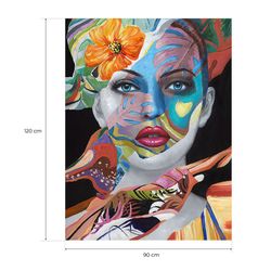 Peinture d'une femme avec des fleurs sur son visage multicolore, 90x3,5x120 cm | Visage