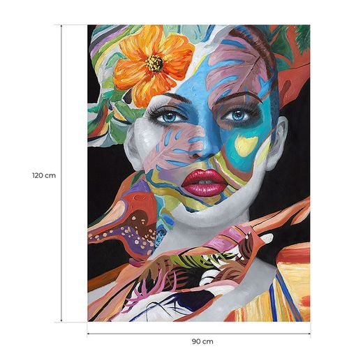 Peinture d'une femme avec des fleurs sur son visage multicolore, 90x3,5x120 cm | Visage
