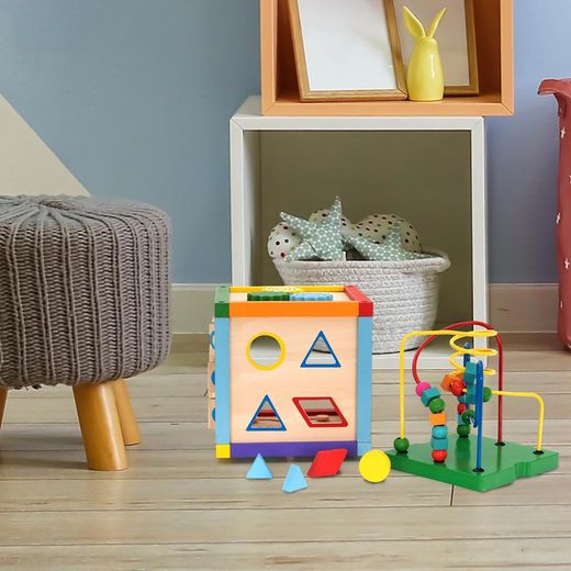 Montessori-style activity cube made of pine in multicolour, 20x20x36 cm | Newton Maze