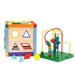 Montessori-style activity cube made of pine in multicolour, 20x20x36 cm | Newton Maze