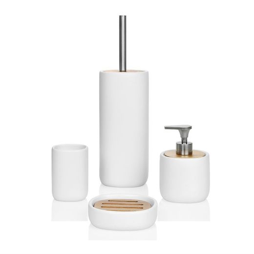 Ceramic / Acacia Wood Dispenser 430ml White, Ø9.5x14cm