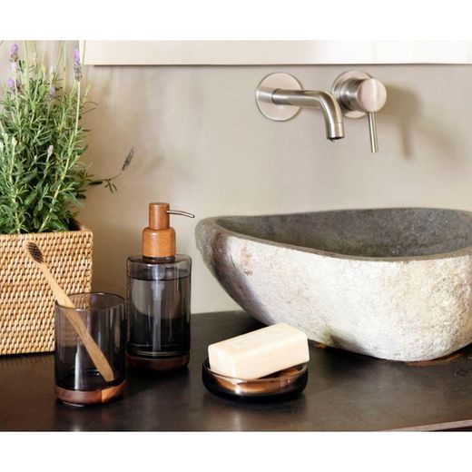 Gray Glass and Acacia Bathroom Set, 3 Pieces | Irazu