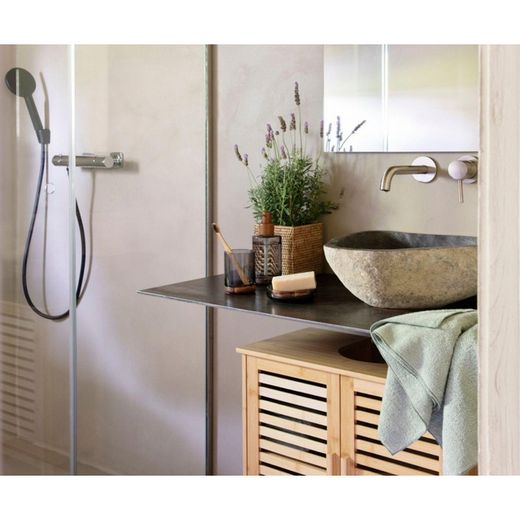Gray Glass and Acacia Bathroom Set, 3 Pieces | Irazu