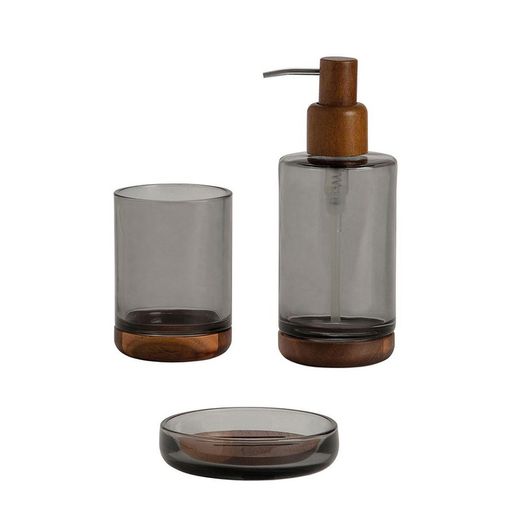 Gray Glass and Acacia Bathroom Set, 3 Pieces | Irazu