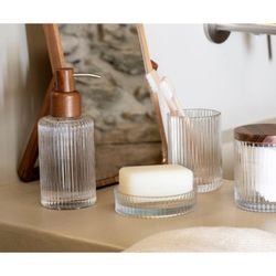 Dispenser sapone in cristallo e acacia trasparente e naturale, Ø 7 x 18 cm | Poseidone