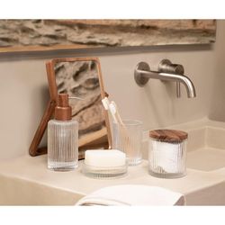 Dispenser sapone in cristallo e acacia trasparente e naturale, Ø 7 x 18 cm | Poseidone