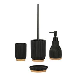 Black polyresin and wood bathroom set, 4 pieces | Shell
