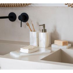 Distributeur en marbre blanc et beige, 7 x 7 x 18 cm | Marbre