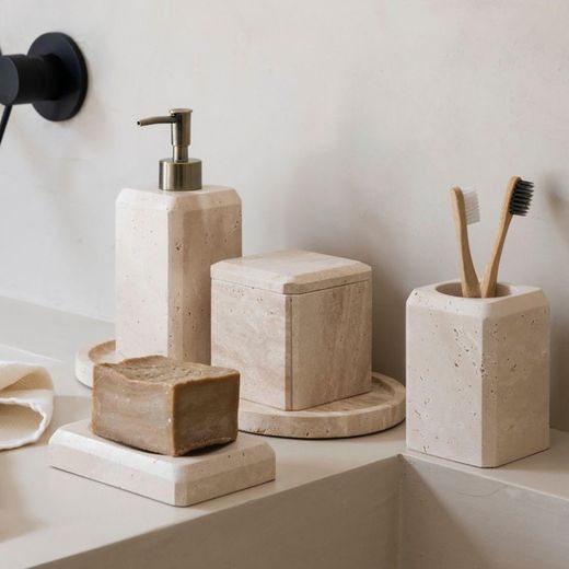 Distributeur en marbre travertin beige, 7,5 x 7,5 x 19 cm | Travertin