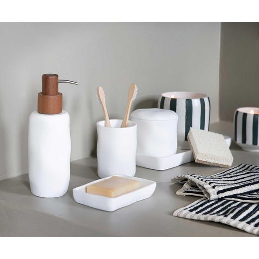 Polyresin and wood dispenser in white, 7.5 x 7.5 x 19 cm | Irregular