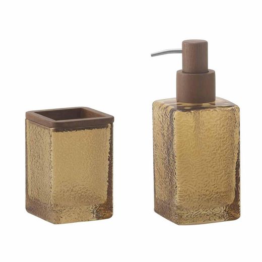 Distributeur en verre et bois ambre, 7,5 x 7,5 x 18,5 cm | Martelé