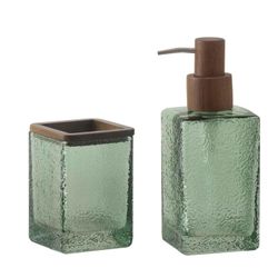 Distributeur en verre et bois vert, 7,5 x 7,5 x 18,5 cm | Martelé