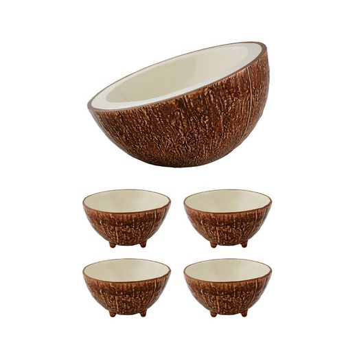 Coco-Salatschüssel aus Steingut in Braun und Weiß, 30,2 x 30 x 18,9 cm | Tropische Früchte