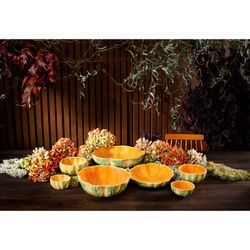 Earthenware salad bowl in orange and green, Ø 33.5 x 9 cm | Pumpkin