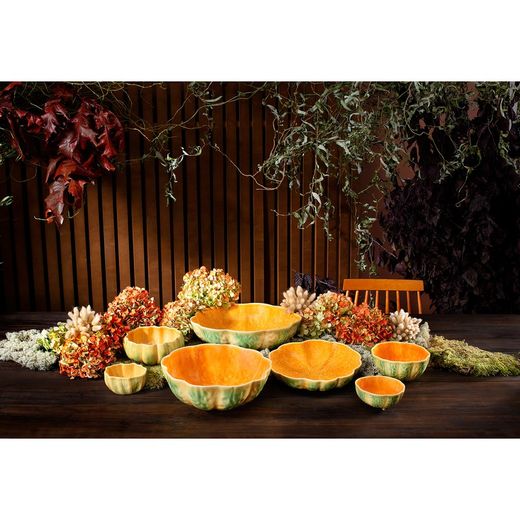Earthenware salad bowl in orange and green, Ø 33.5 x 9 cm | Pumpkin