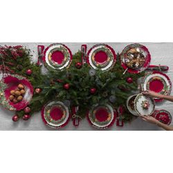 Aardewerken slakom in rood en veelkleurig, Ø 34 x 10 cm | Kerstkrans