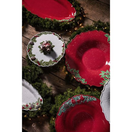Aardewerken slakom in rood en veelkleurig, Ø 34 x 10 cm | Kerstkrans