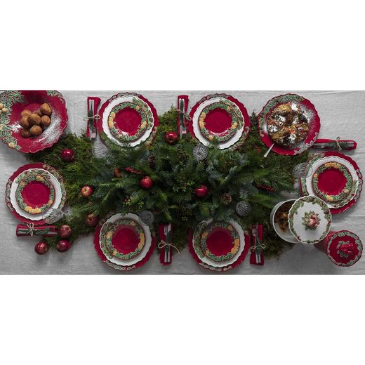 Aardewerken slakom in rood en veelkleurig, Ø 34 x 10 cm | Kerstkrans