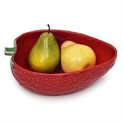 Red and green earthenware salad bowl, 24 x 17.5 x 8 cm | Strawberries
