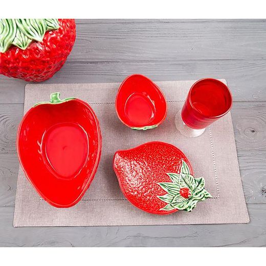 Red and green earthenware salad bowl, 24 x 17.5 x 8 cm | Strawberries