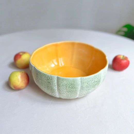 Earthenware salad bowl in green and orange, Ø 25 x 11 cm | Melon