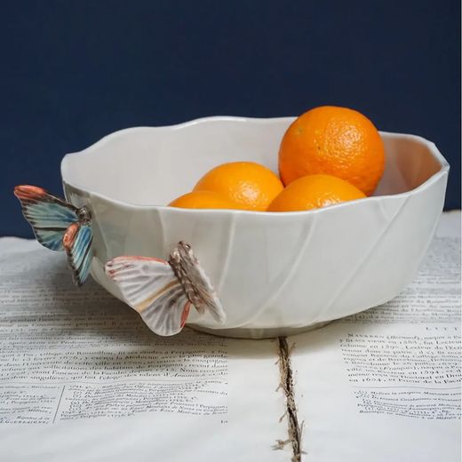 L earthenware salad bowl in beige and multicolor, 33.4 x 28.5 x 12.5 cm | Cloudy Butterflies