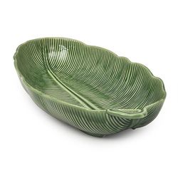 Green earthenware salad bowl L, 53 x 29 x 8 cm | banana leaves
