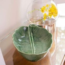 Green earthenware salad bowl L, 53 x 29 x 8 cm | banana leaves