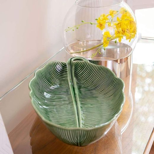 Green earthenware salad bowl L, 53 x 29 x 8 cm | banana leaves