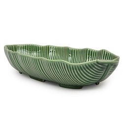 Green earthenware salad bowl M, 39.5 x 20 x 7.5 cm | banana leaves