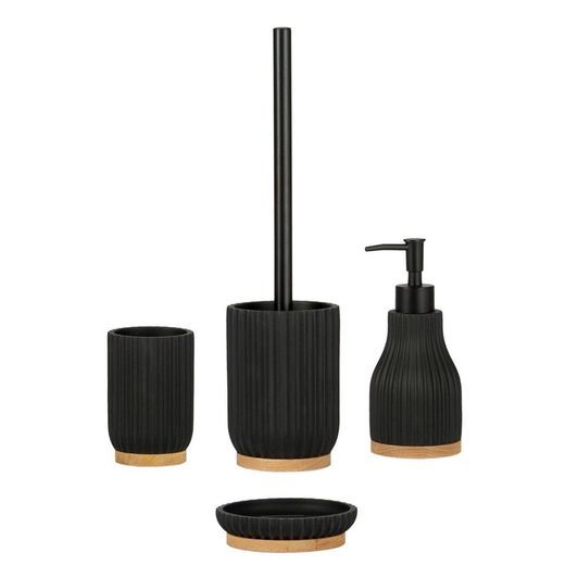 Black polyresin and wood bathroom set, 4 pieces | Shell
