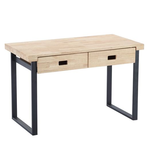 Desk with natural/black wood and metal drawers, 120 x 60 x 75 cm | Drawer