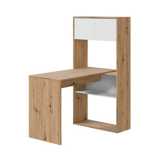 Escritorio con estantería reversible de madera natural/blanco, 72,5 x 112 x 144 cm | DUO