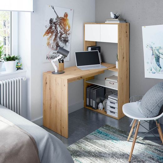 Escritorio con estantería reversible de madera natural/blanco, 72,5 x 112 x 144 cm | DUO