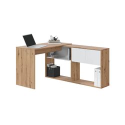 Escritorio con estantería reversible de madera natural/blanco, 72,5 x 112 x 144 cm | DUO