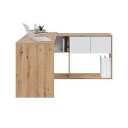 Escritorio con estantería reversible de madera natural/blanco, 72,5 x 112 x 144 cm | DUO