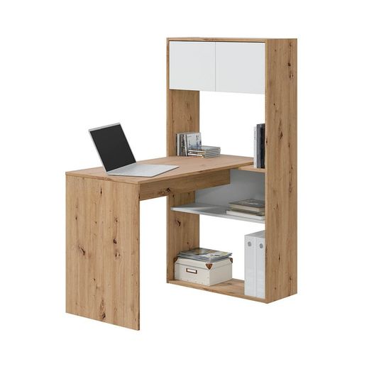 Escritorio con estantería reversible de madera natural/blanco, 72,5 x 112 x 144 cm | DUO