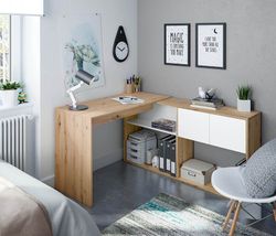 Escritorio con estantería reversible de madera natural/blanco, 72,5 x 112 x 144 cm | DUO