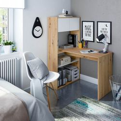 Escritorio con estantería reversible de madera natural/blanco, 72,5 x 112 x 144 cm | DUO