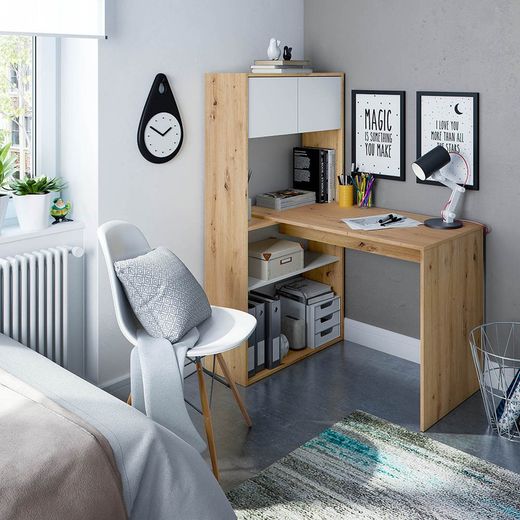 Escritorio con estantería reversible de madera natural/blanco, 72,5 x 112 x 144 cm | DUO