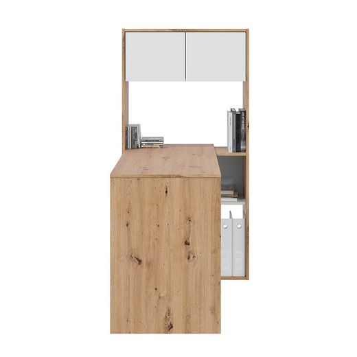 Escritorio con estantería reversible de madera natural/blanco, 72,5 x 112 x 144 cm | DUO