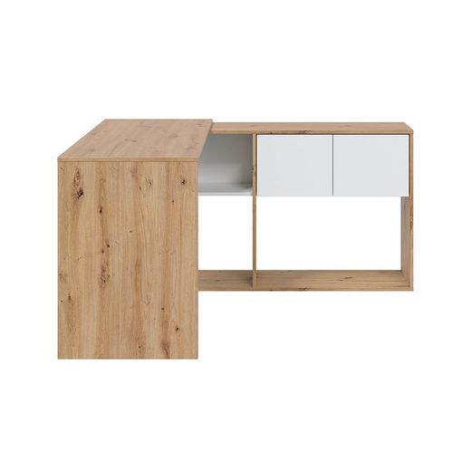 Escritorio con estantería reversible de madera natural/blanco, 72,5 x 112 x 144 cm | DUO